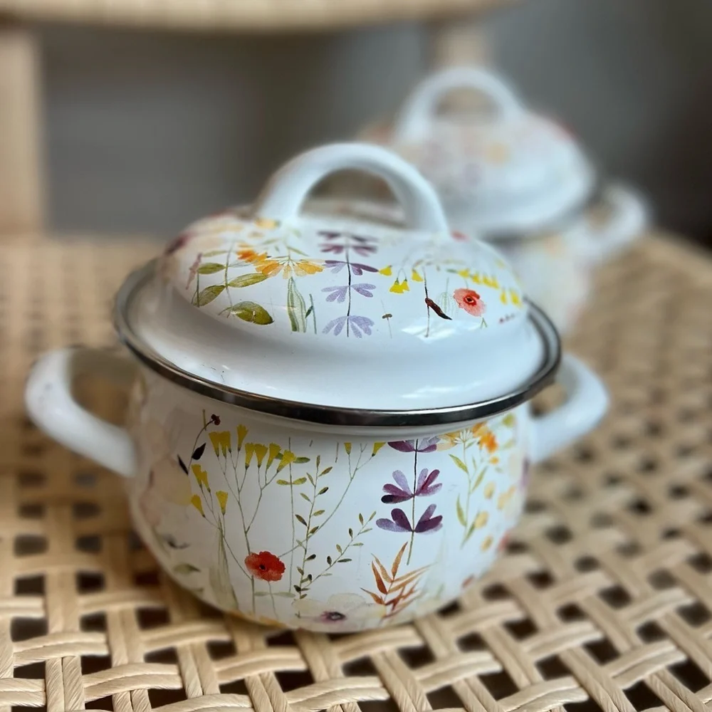 Set of 2 Crofton Enamel Floral Mini Pots – 1 Qt Each, Vintage-Inspired Aldi